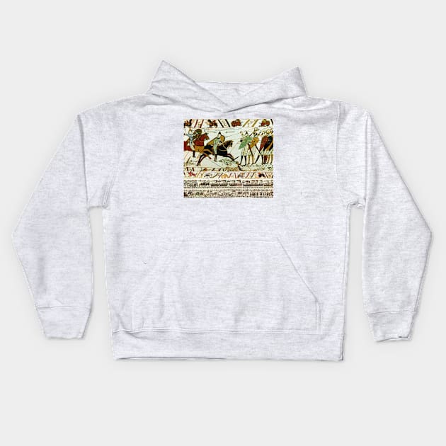 THE BAYEUX TAPESTRY ,BATTLE OF HASTINGS ,NORMAN KNIGHTS HORSEBACK Kids Hoodie by BulganLumini